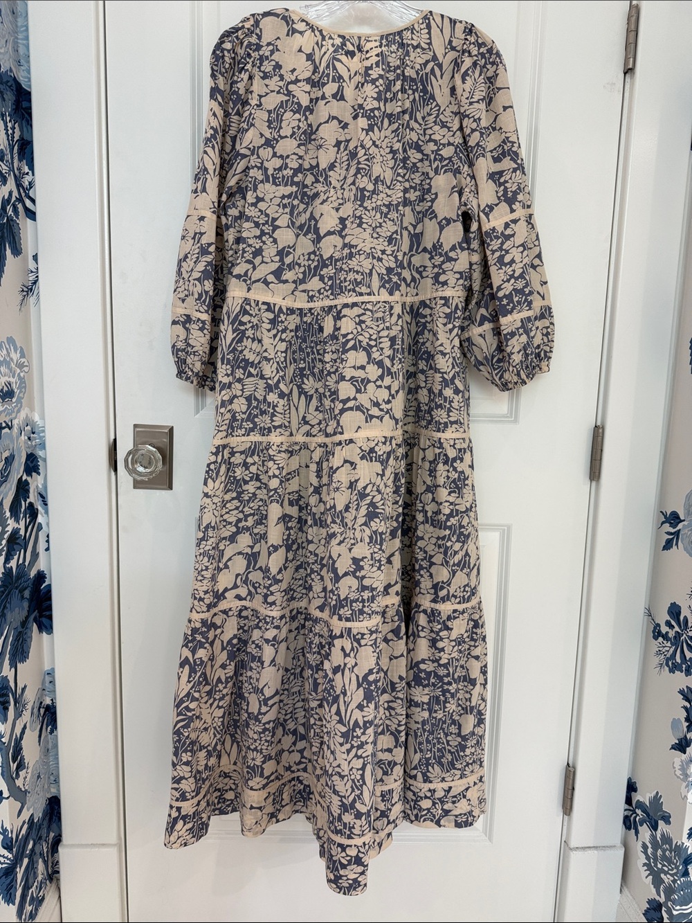 THE GREAT. Beige and Navy Floral Tiered Tassel Maxi Dress - Picture 4 of 6